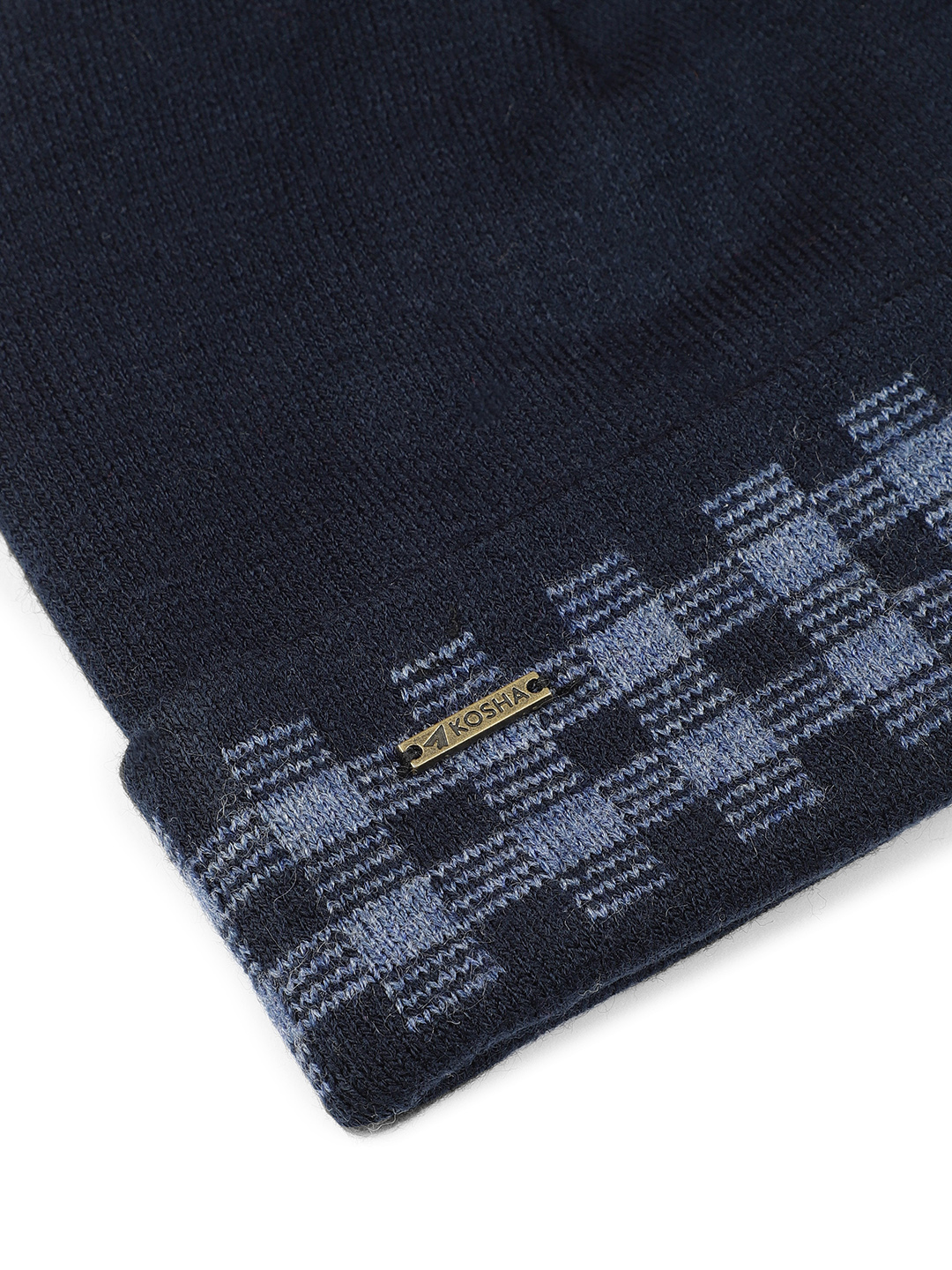 Blue & Black Acrylic Wool Checked Border Beanie | Men
